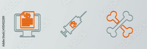 Set line Crossed bones, Clinical record pet monitor and Syringe with vaccine icon. Vector