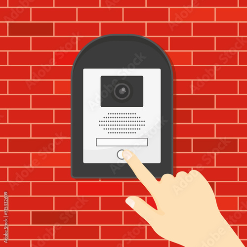 hand rings the house intercom with camera- vector illustration