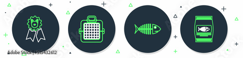 Set line Pet carry case, Fish skeleton, Dog award symbol and Bag of food for cat icon. Vector