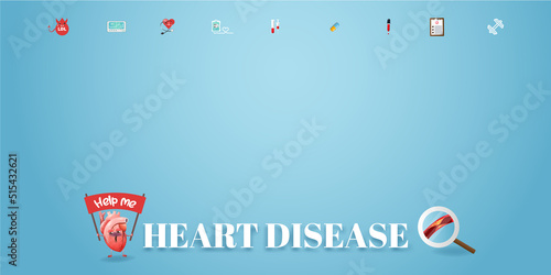 Heart disease. Heart awareness concept. Atherosclerosis stages. The red epicenter of the pain of the brain, health care cartoon. Suitable For Wallpaper, Banner, Background.Vector Illustration