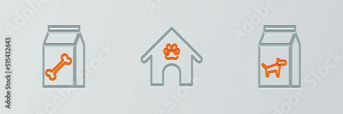 Set line Bag of food for dog, pet and Dog house and paw print icon. Vector