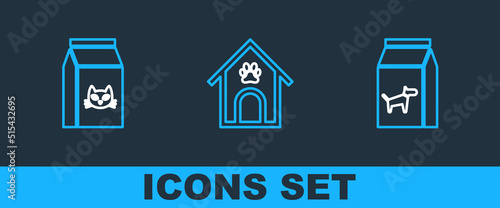 Set line Bag of food for dog, cat and Dog house and paw print pet icon. Vector