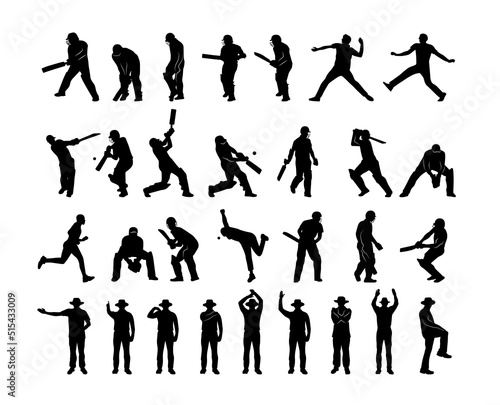 Collection of black silhouettes of cricket players. Character shadows.