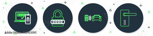 Set line Password protection, Smart car alarm system, Two steps authentication and Door handle icon. Vector