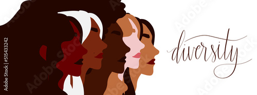 Diverse group of women illustration. Diversity and equality concept. Handwritten lettering