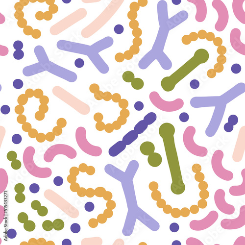 Microbiome seamless pattern. Probiotic bacteria background with lactobacillus  bifidobacteria  acidophilus. Flat simple vector illustration.