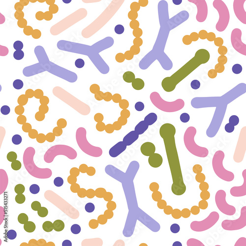 Microbiome seamless pattern. Probiotic bacteria background with lactobacillus, bifidobacteria, acidophilus. Flat simple vector illustration.