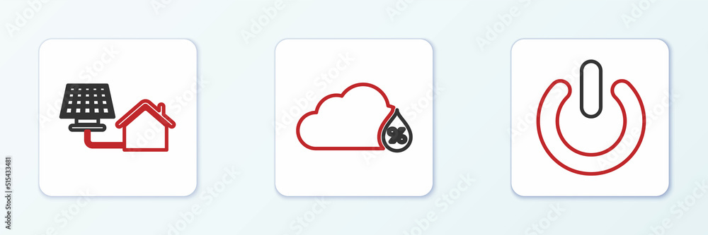 Fototapeta premium Set line Power button, House with solar panel and Humidity icon. Vector