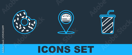 Set line Glass with water, Donut and Location burger icon. Vector