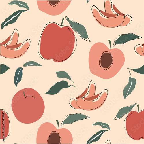 Seamless pattern vector with peach and leaves . Trendy design for paper, wrapping, textile, wallpaper, cover, fabric, interior decor.