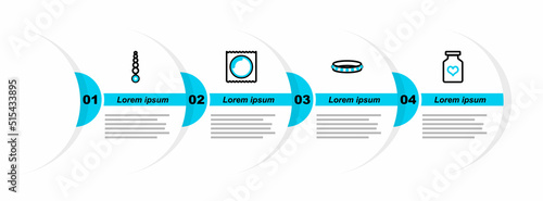 Set line Bottle with pills for potency, Leather fetish collar, Condom in package and Anal beads icon. Vector