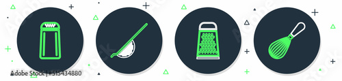 Set line Kitchen colander, Grater, Salt pepper and whisk icon. Vector