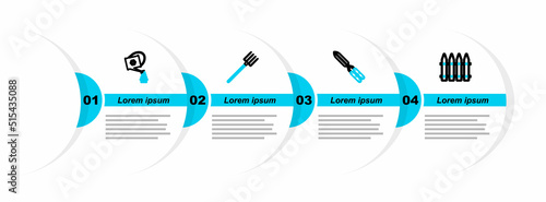 Set line Garden fence, Gardening handmade scissor, pitchfork and Watering can icon. Vector