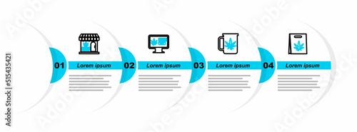 Set line Shopping bag of marijuana, Cup tea with, Online buying and Marijuana and cannabis store icon. Vector