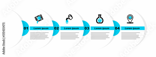 Set line Location and marijuana, Test tube with, Watering can and Marijuana or cannabis seeds icon. Vector