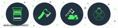 Set line Old wooden axe, Wooden and, Open matchbox matches and Canteen water bottle icon. Vector