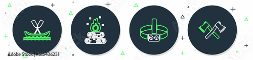 Set line Campfire, Head flashlight, Rafting boat and Crossed wooden axe icon. Vector