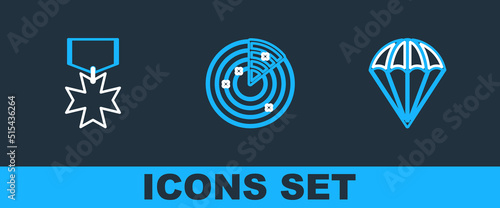 Set line Parachute, Military reward medal and Radar with targets icon. Vector