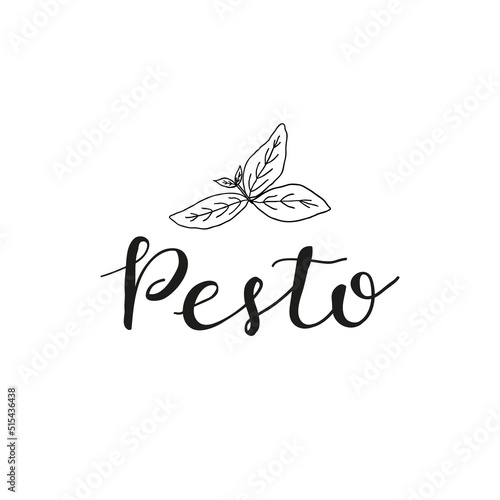 Hand written lettering pesto with basil leaves.