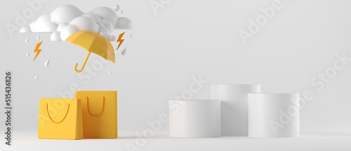 3d podium cartoon rainy season and clouds with rain on white background. 3d concept sell shopping rainy season for banner, cover, brochure and illustration