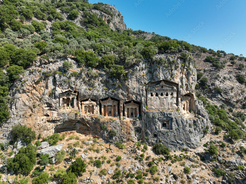 Rock-cut temple tombs in Kaunos Dalyan - Turkey (Turkish name; kaya mezarlari) Ancient city of Kaunos, Dalyan valley, Turkey. Kaunos (Latin: Caunus) was a city of ancient Caria and in Anatolia