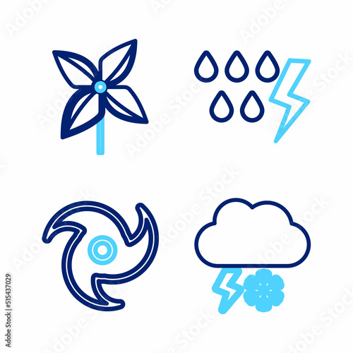 Set line Cloud with snow and lightning, Tornado, Storm and Pinwheel icon. Vector