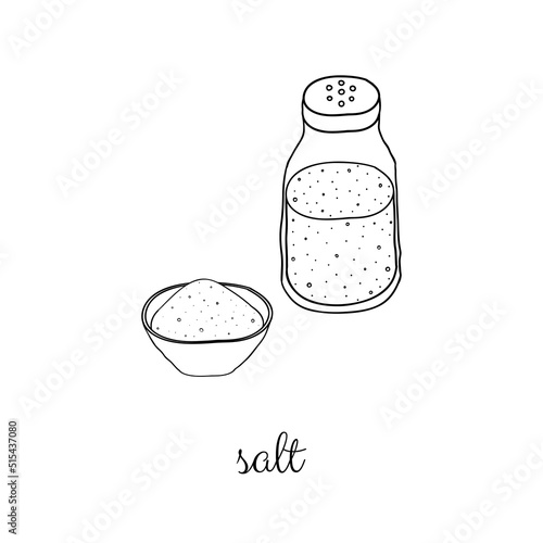 Hand drawn salt in shaker and bowl.