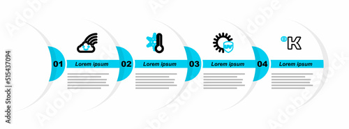 Set line Kelvin, UV protection, Thermometer with snowflake and Rainbow cloud icon. Vector