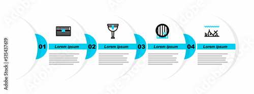 Set line Sunken ship, Wooden barrel, pirate leg and Antique treasure chest icon. Vector