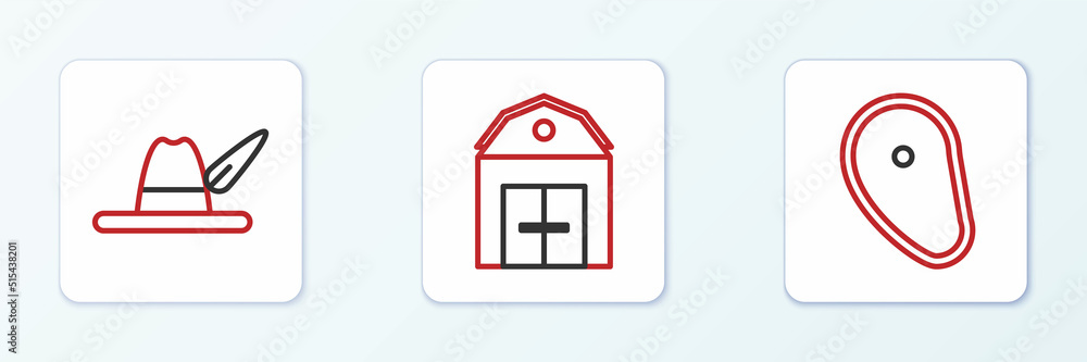 Set line Steak meat, Oktoberfest hat and Farm House icon. Vector Set line Steak meat, Oktoberfest hat and Farm House icon. Vector