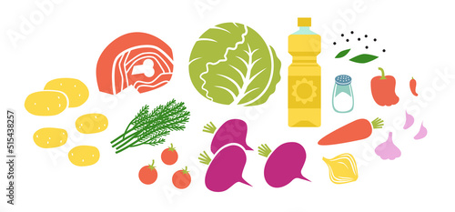 Fresh ingredients for beetroot soup. Beet soup making. Flat vector illustration isolated on white background.