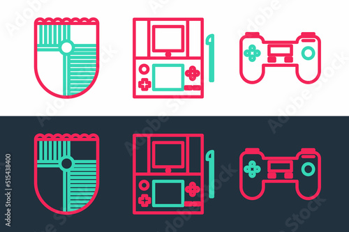Set line Gamepad, Shield for game and Portable video console icon. Vector