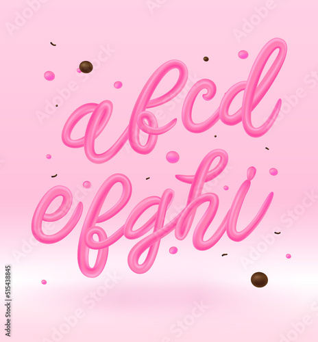 Bubble Gum Alphabet Set. Pink Font Isolated on Pink Background. Hand Lettering for Designs  Logo  Packaging  Pack of Gum  Card  etc. Vector. Sugar kids illustration. 