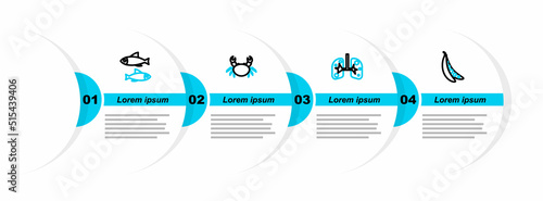 Set line Kidney beans, Lungs, Crab and Fish icon. Vector