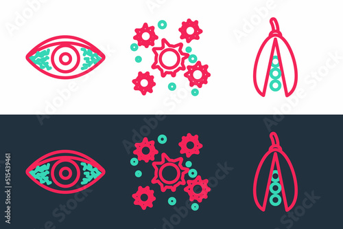 Set line Kidney beans, Reddish eye allergic conjunctivitis and Bacteria icon. Vector