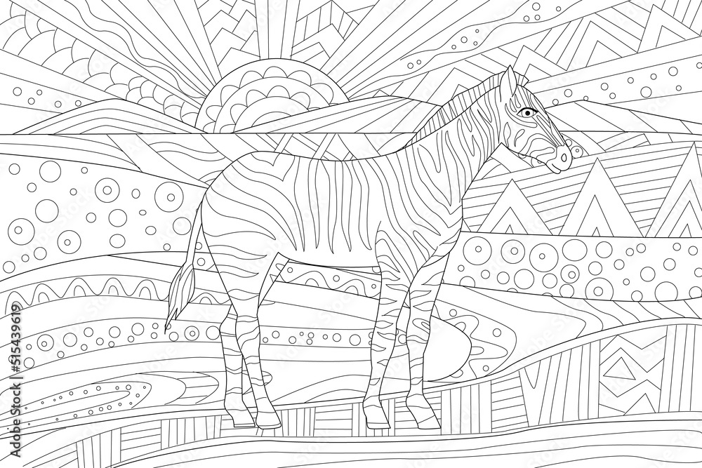 Naklejka premium fancy sunrise landscape with zebra for your coloring book