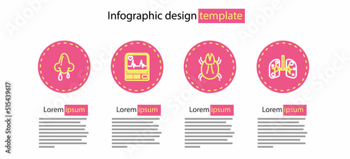 Set line Parasite mite, Lungs, Monitor with cardiogram and Runny nose icon. Vector