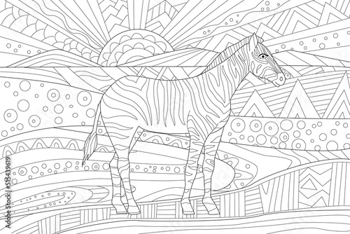 fancy sunrise landscape with zebra for your coloring book