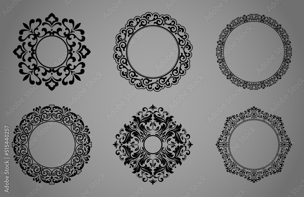 Set of decorative frames Elegant vector element for design in Eastern style, place for text. Floral black and gray borders. Lace illustration for invitations and greeting cards Set of decorative frames Elegant vector element for design in Eastern style, place for text. Floral black and gray borders. Lace illustration for invitations and greeting cards