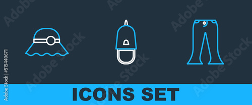 Set line Pants, Elegant women hat and Police cap with cockade icon. Vector