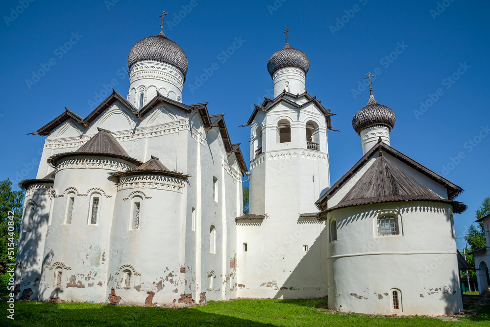 Temples of the ancient Spaso-Preobrazhensky Monastery on a summer day. Staraya Russa, Russia