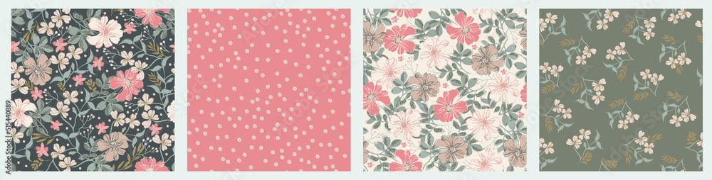 Abstract floral seamless pattern collection with sweet brier and wild flowers. Modern botanical design for fabric, paper, stationery Abstract floral seamless pattern collection with sweet brier and wild flowers. Modern botanical design for fabric, paper, stationery