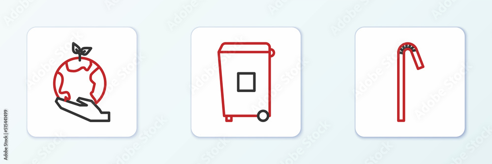 Set line Drinking plastic straw, Hand holding Earth globe and Trash can icon. Vector Set line Drinking plastic straw, Hand holding Earth globe and Trash can icon. Vector