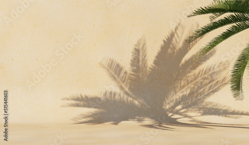 Background with a shadow from a palm tree on the wall.Cover, postcard. 3D rendering.