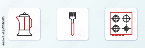 Set line Gas stove, French press and Fork icon. Vector