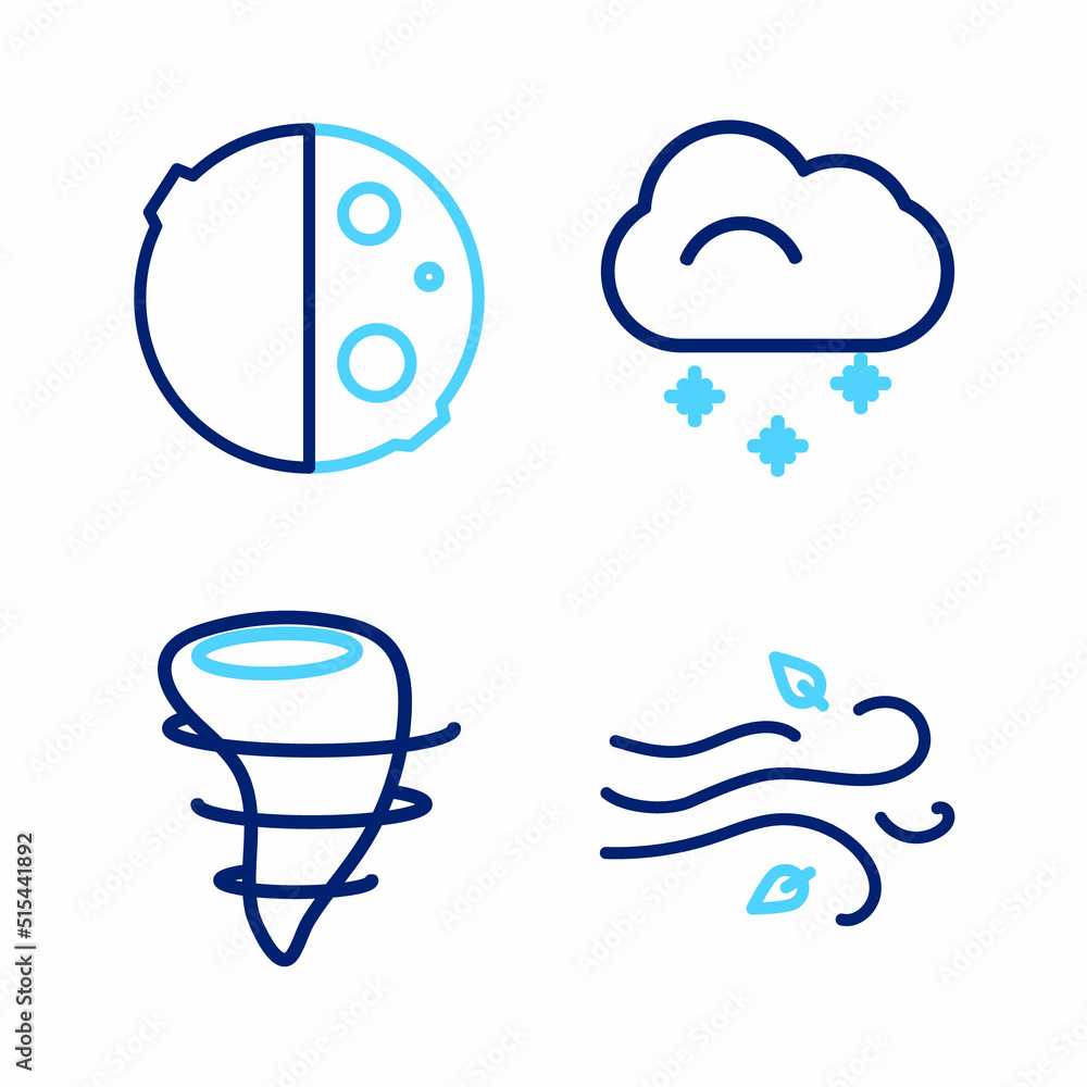 Set line Wind, Tornado, Cloud with snow and Eclipse of the sun icon. Vector Set line Wind, Tornado, Cloud with snow and Eclipse of the sun icon. Vector