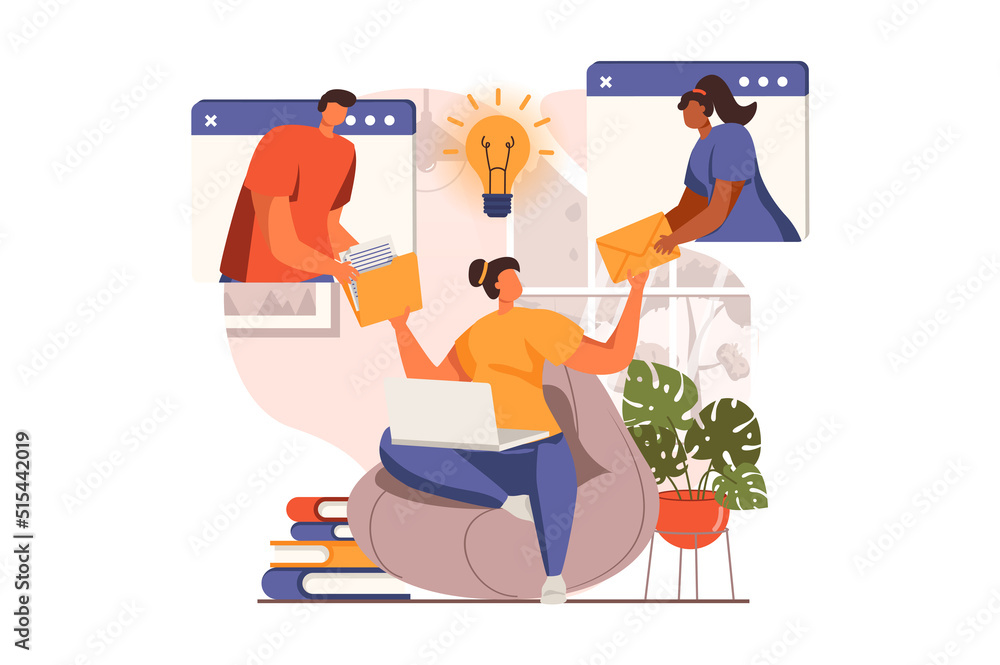 Teamwork web concept in flat design. Colleagues work remotely and do work tasks in group video chat, business collaboration and partnership, project management. Illustration with people scene