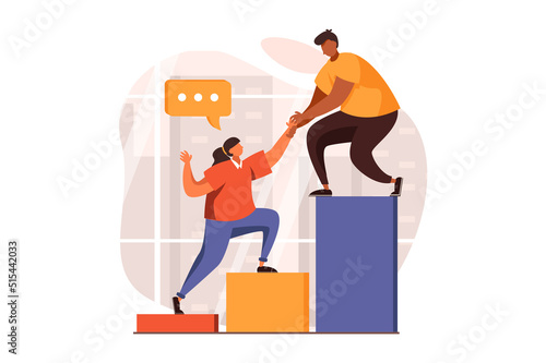 Teamwork web concept in flat design. Man and woman climb career steps, work in team, leadership and partnership, achieving goals and professional development. Illustration with people scene