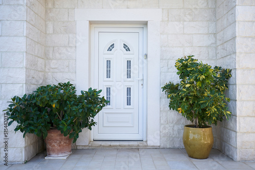 White plastic entrance door and facade decorations with plants