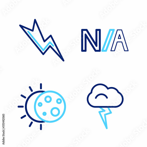 Set line Storm, Eclipse of the sun, Not applicable and Lightning bolt icon. Vector